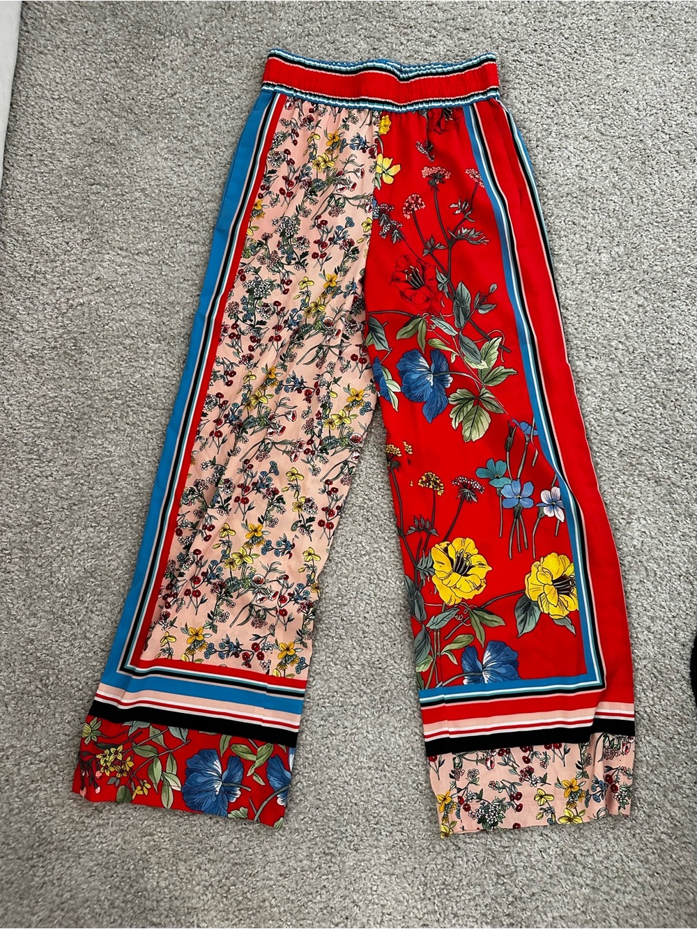 Alice + Olivia Two-Tone Floral Wide-Leg Pants in Red, Pink & Blue